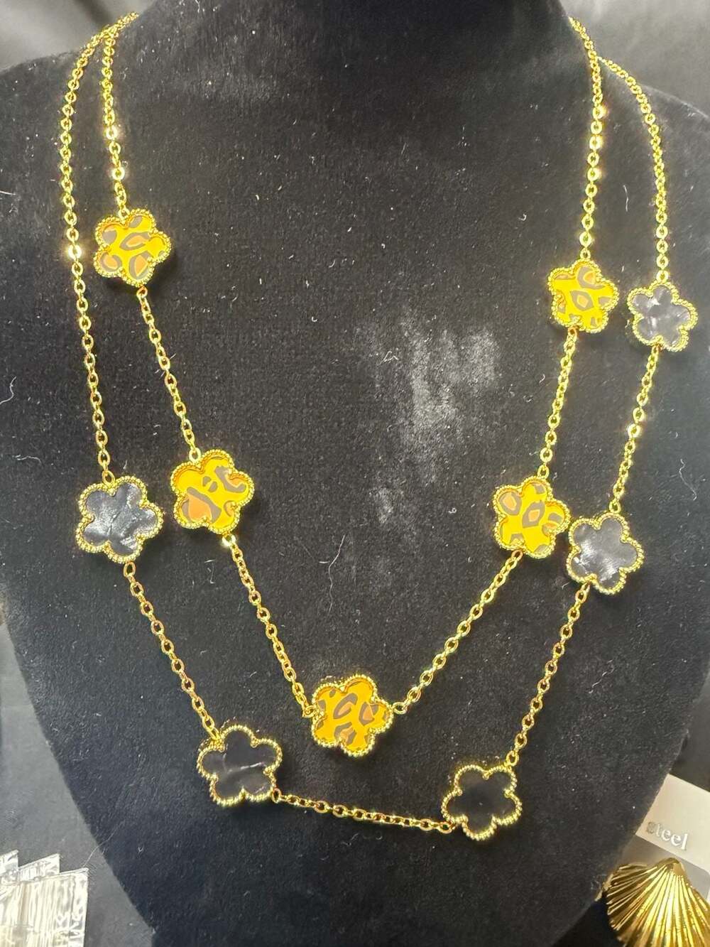 2 Gold-Tone Clover Station Long Necklace Yellow Leopard Print and Black Enamel